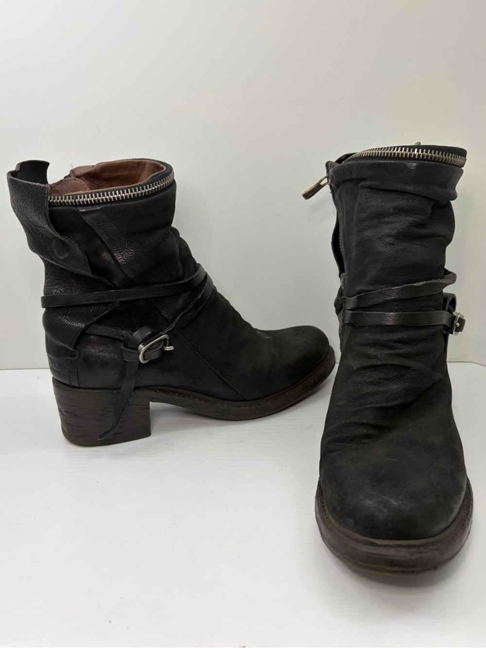A.S.98 Airstep Zipper Boho Black Distressed Leather Biker Moto Boots 8 1/2